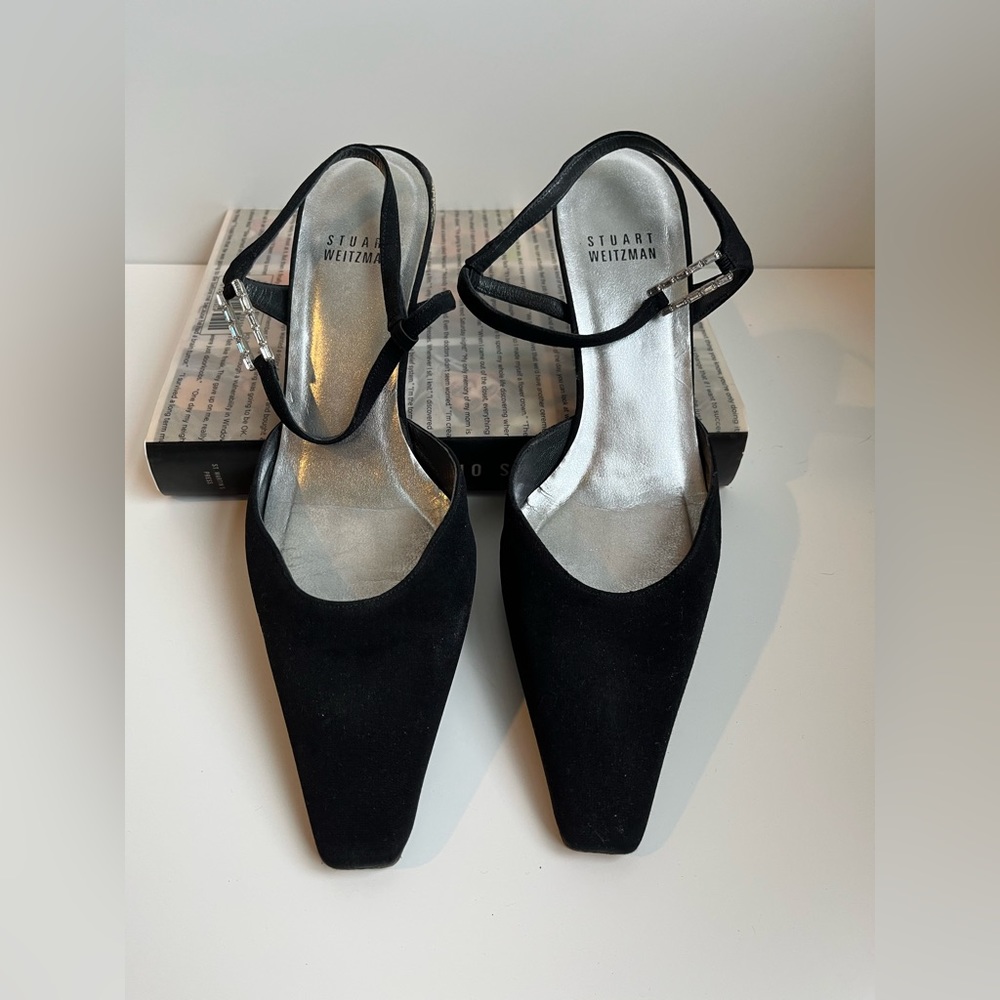 Stuart Weitzman Suede Kitten Heel with Crystal Buckle